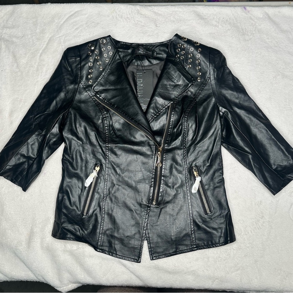 Girls Jacket Black Faux Leather Biker Moto Zip With Pockets 3/4 Sleeve Size L